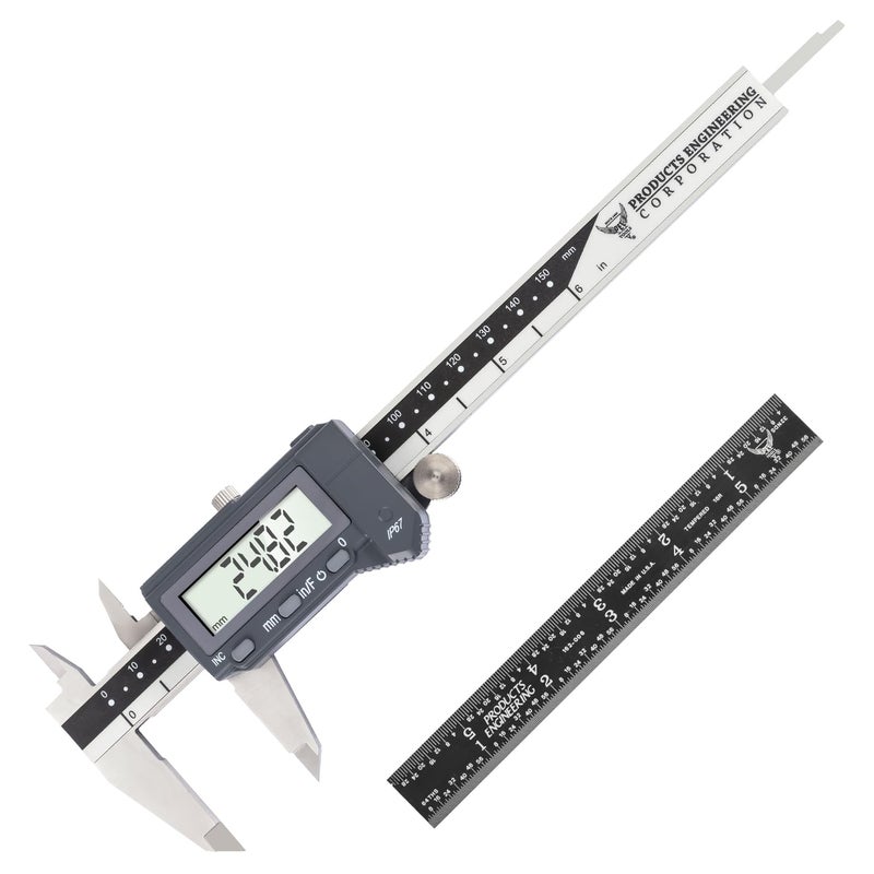 PEC TOOLS 6 Inch/150mm Digital Caliper & Made in US 6 Inch 16R Rule (32nds,64ths,50ths,100ths), Industrial-Grade Stainless Steel Caliper, IP67 Waterproof & Oil-Resistant, Inch/MM/Fraction Modes - Image 1
